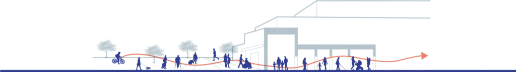 Sezione illustrata di edificio con diverse persone lungo il percorso di accesso, a rappresentare continuità e inclusione negli spazi.