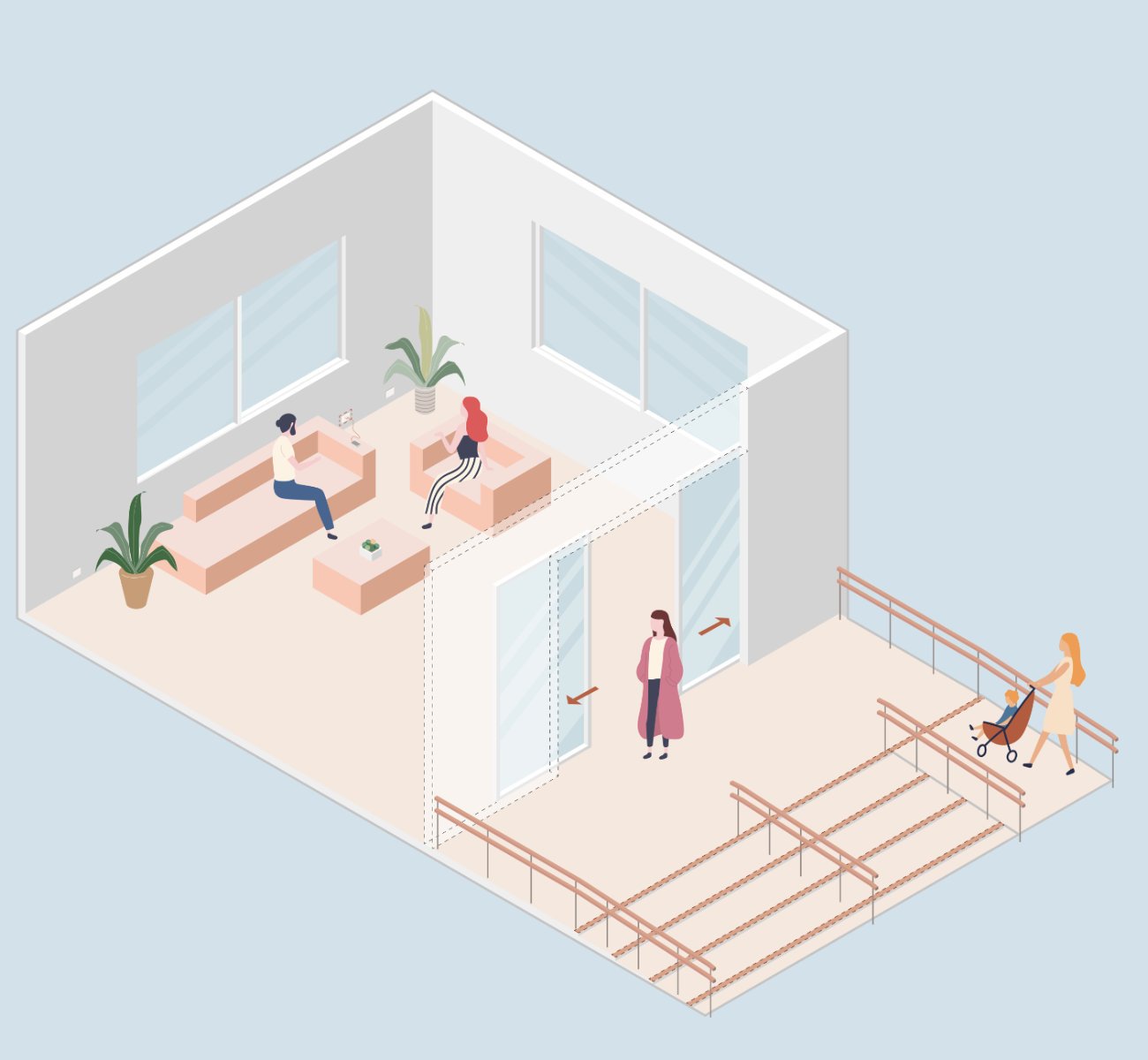 Tema: fruizione. Illustrazione di edificio con rampa accessibile e ingresso vetrato, con persone che utilizzano percorsi privi di barriere.