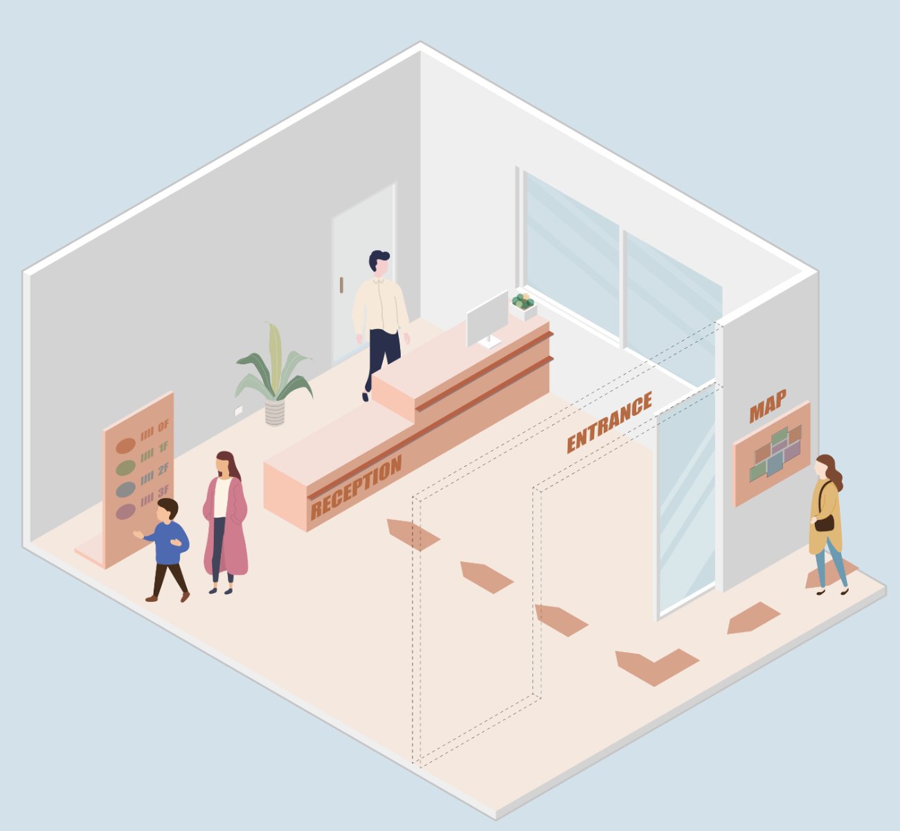 Tema orientamento: Illustrazione di ingresso e reception con segnaletica, mappa e persone che si orientano nello spazio.