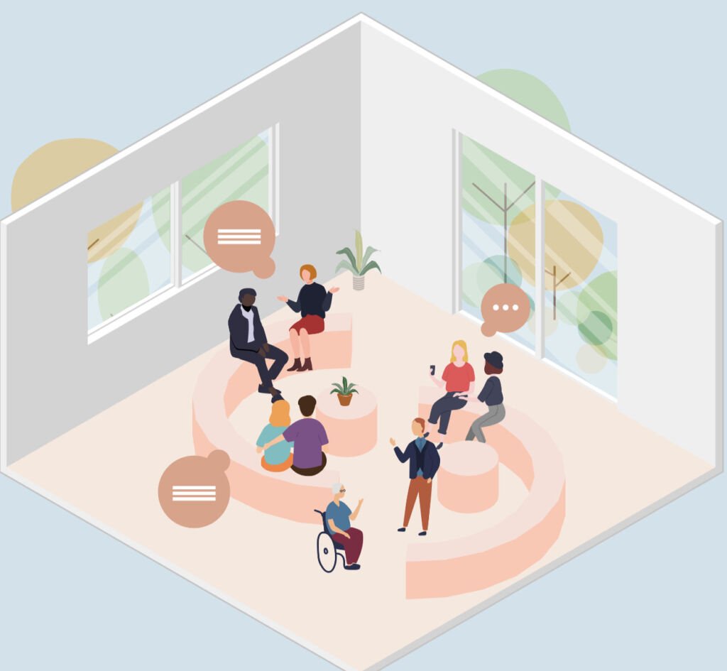 Tema inclusione sociale. Illustrazione isometrica di gruppo di persone diverse che dialogano in uno spazio inclusivo.